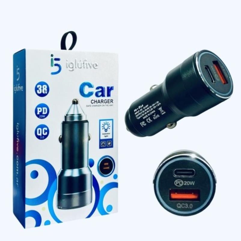 CARGADOR 12V AUTO IGLUFIVE 38W AZUL - DOBLE ENTRADA // C Y USB